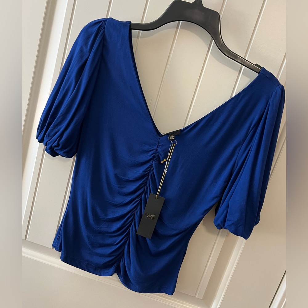 W5 Blue Puff Sleeve Ruched Blouse